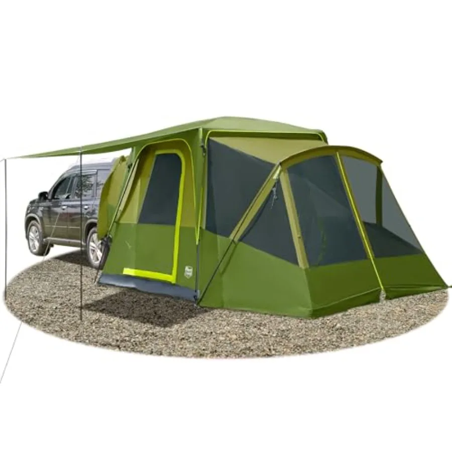 

SUV Tent for Family Camping: Weather-Resistant Polyester, Gray/Black, Fits 59 People with Screen Porch, Awning, Rainfly Storage