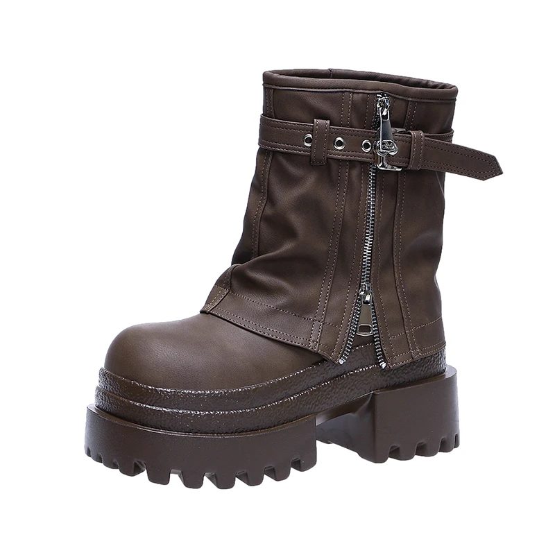 

Женские мотоциклетные ботинки на высокой платформе, зимние ботинки до середины икры на танкетке 9 см, женские кроссовки на массивном каблуке, осенние кожаные женские ботинки