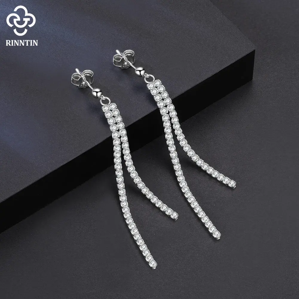 Rinntin Brilliant 925 Sterling Silver Dangle Long Chains Tennis Earrings for Women Shiny Drop Earings Jewelry Gifts SE398