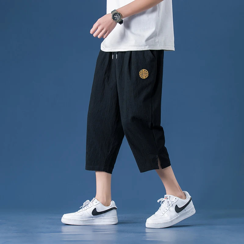 Men's Summer Thin Linen Seven-Five Pants Casual Sport orts Knee-Length Outerwear Breathable Comfortable Straight Leg Trousers
