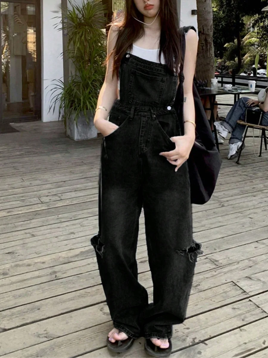 

Chic High Waist Wide Leg Jeans Women's Summer Denim Overalls Hole Design Straight Cut Trousers Street Sle Hot Girl Jeans