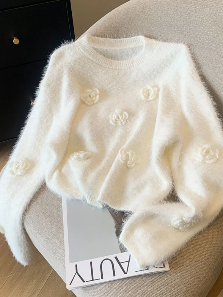 Sweet Preppy Style Luxury Jumper Women White Oversized 3D Flower Knitted Pullover Korean Fashion Sweater Mori Girl Autumn Winter