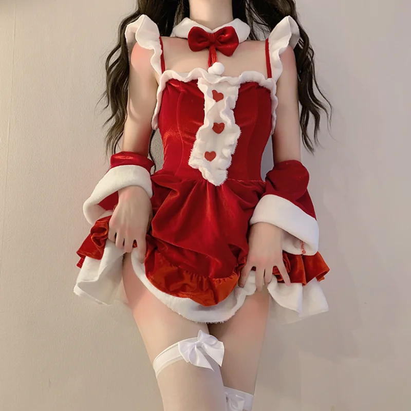 

Sexy Ladies Red Christmas Suit Winter Slim Women's Clothing New Year Bowknot Party Mini Dress Set For Carnival Party Stag Show