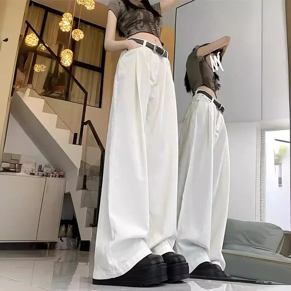PopPopAmerican Białe Jeansy Damskie Letnie Nowe Z Wysokim Stanem Luźne Szerokie Nogawki Wyszczuplające Proste Spodnie do Samej Ziemi
