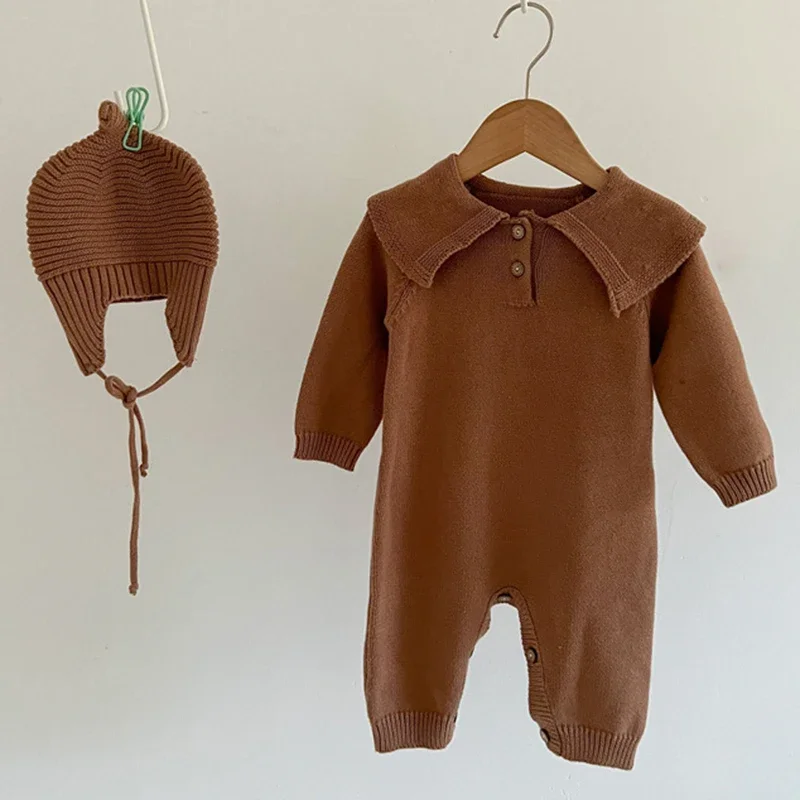 Autumn Baby Rompers Caps Clothes Sets Newborn Girl Boy Knitted Jumpsuits Outfits Winter Long Sleeve Toddler Infant Overalls 2Pcs