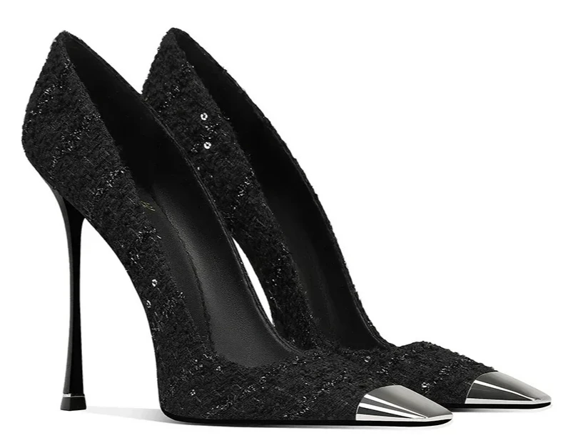 

2025 Spring and Autumn Women's High Heels Black Square Head Thin Heel Fashion Formal Women's Shoes