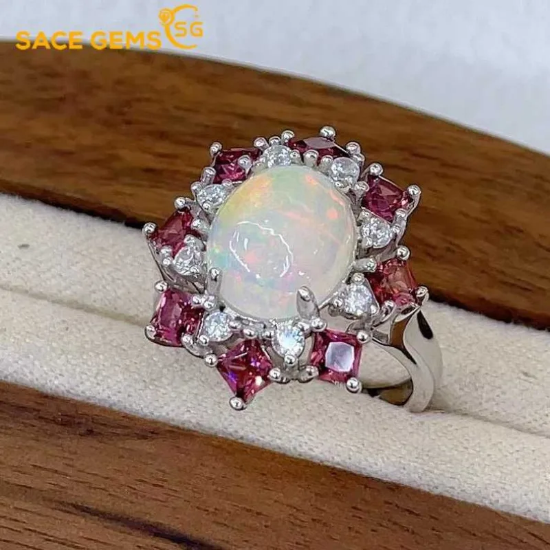 

SACE GEMS New Luxury 925 Sterling Silver 9*11MM Natural Opal Gemstone Rings for Women Engagement Cocktail Party Fine Jewelry