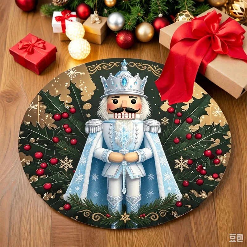 Nutcracker Soldier Christmas Round Rug, Holly Berry Printed Floor Mat, Xmas Decoration Carpet for Indoor