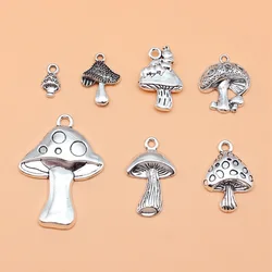 7pcs Antique Silver Color Mushroom Charms Collection For DIY Jewelry Making, 7 Styles, 1 of Each