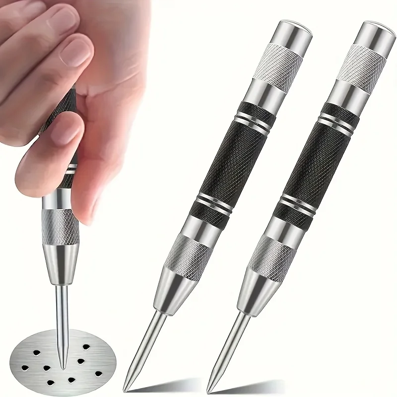 Automatic Center Punch with 2 Extra Drills - 5 Heavy Duty Steel Spring Punch Tool, Adjustable Tension, Rust Resistant, Polished,