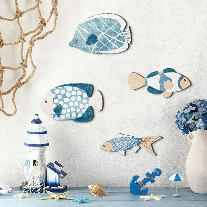 4 pieces of wooden fish wall hanging accessories, retro tropical fish wall hanging accessories,murals,fun ocean beach theme