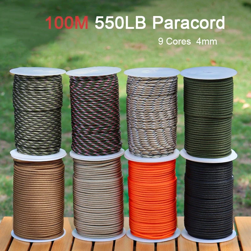 100M Paracord 4mm 550lb Lanyard Rope Outdoor Camping Hiking Equipment Paracord for DIY Bracelet Cord Tent Accessories 9 Cores