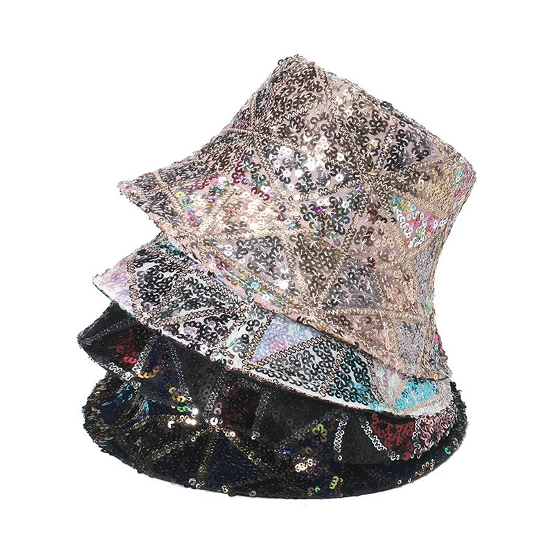 Sequins Bucket Hat Women Men Unisex Hip Hop Geometric Fashion Fisherman Cap Punk Dance Party New