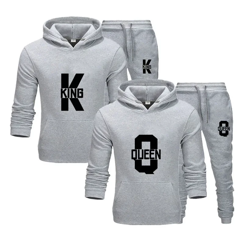 Ensemble de vêtements de sport pour couple, imprimé roi et reine, vêtements à capuche 2 pièces pour femme