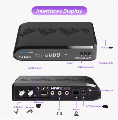 [أصلي] أحدث صندوق تلفزيون لاستقبال الأقمار الصناعية FREESAT V8 Ultra DVB-S/S2/S2X,DVB+T/T2,ISDB-T/Cable/ATSC-C 4K UHD 1080P مدمج WiFi