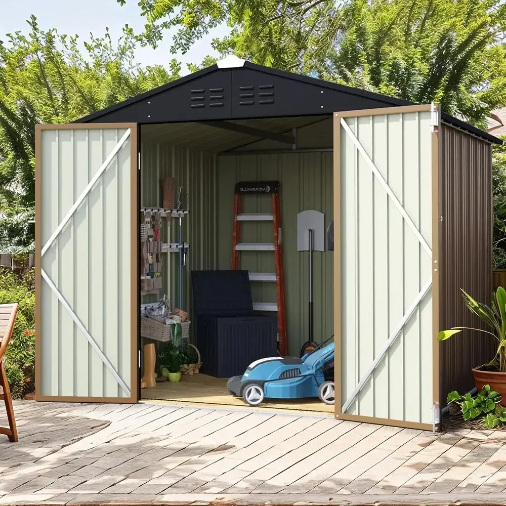 Durable Metal Storage Shed with Lockable Door for Outdoor, Patio, and Lawn Use, Brown