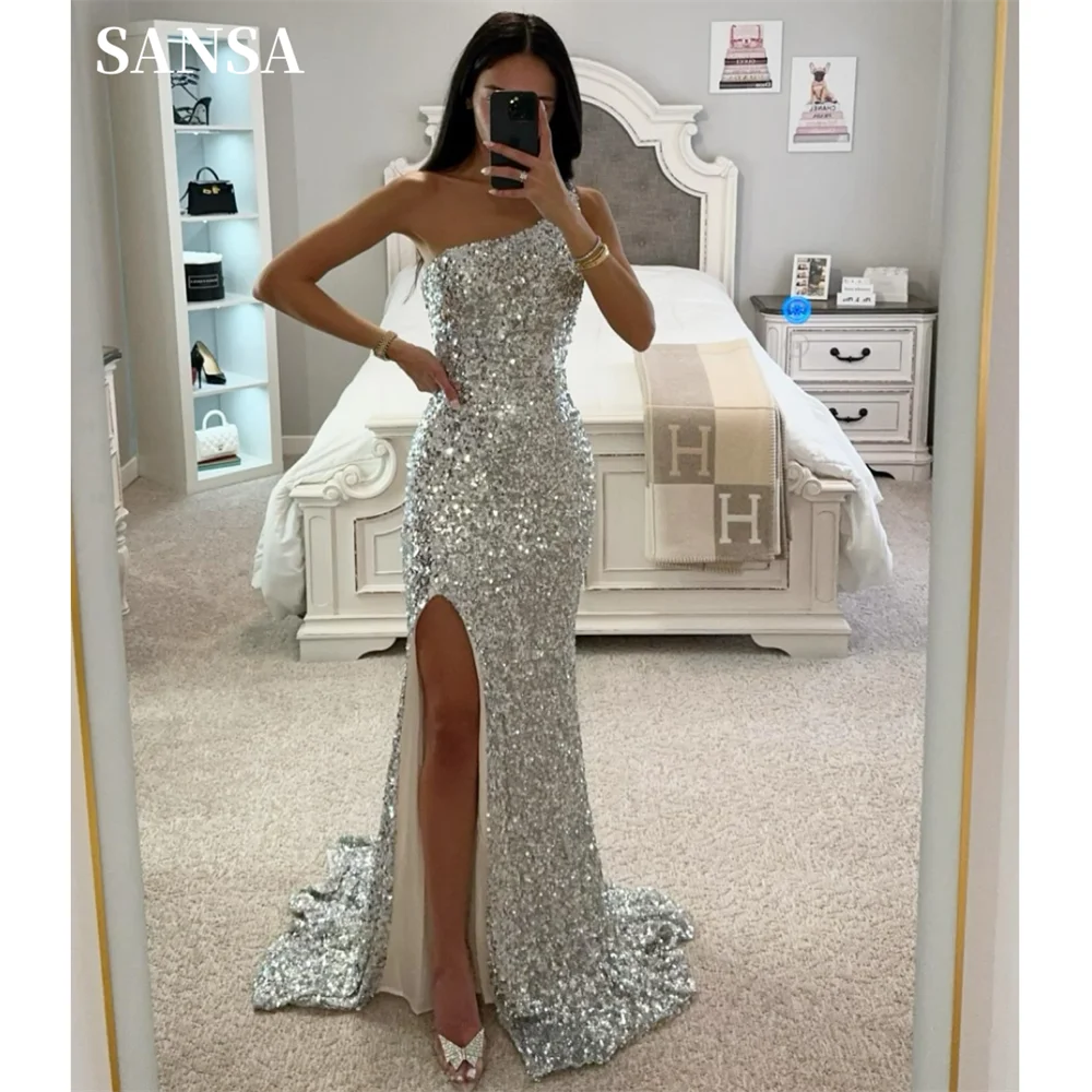 Sansa Shiny Mermaid Prom Dress Sequins Side Split Trumpet Vestidos De Noche Sexy Silvery Fishtail فساتين سهره فاخره