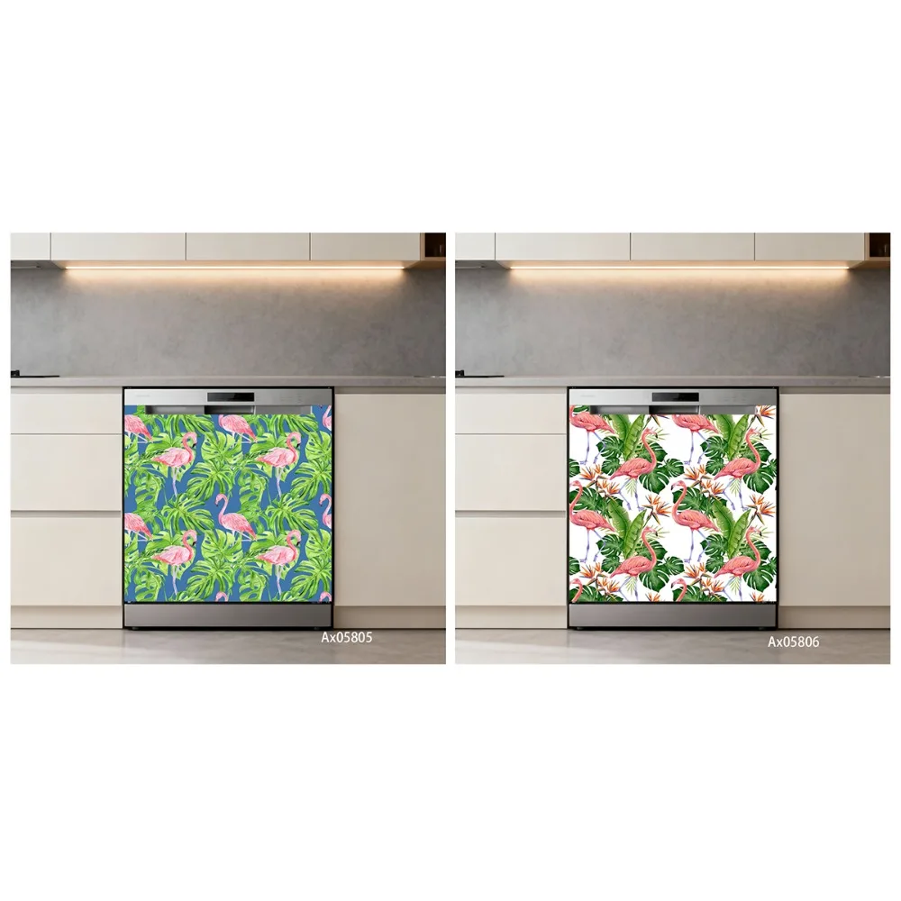 Tropical Watercolor Flamingo Monstera Dishwasher Sticker Self Adhesive Coastal Summer Vacation Cabinet Washer Decor Wallpaper