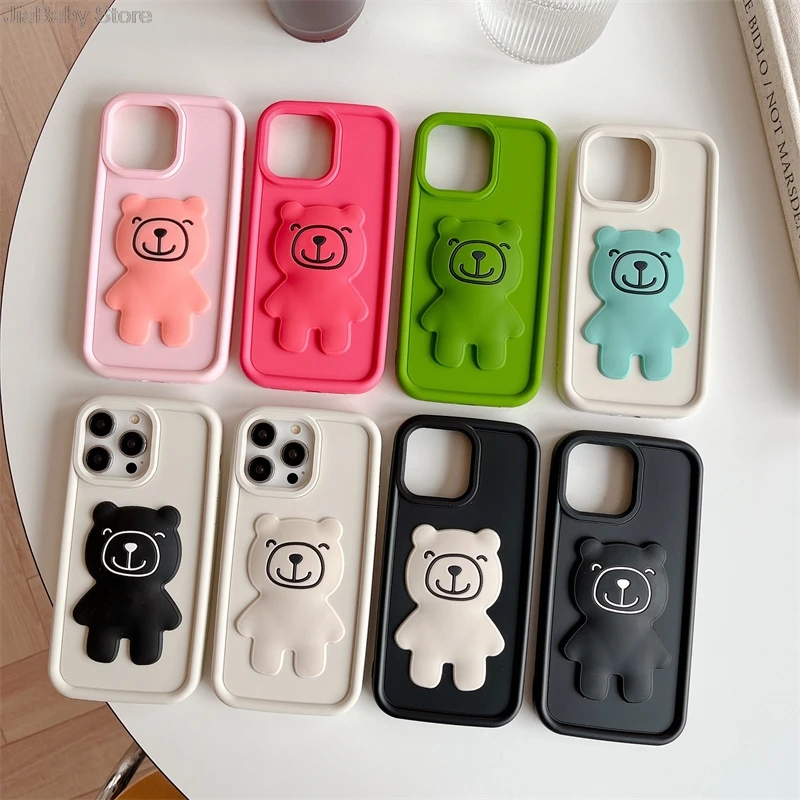 Liquid Silicone Shockproof Full Coverage Bear Soft Glitter Jellewed Phone Case For iPhone 11 12 13 14 15 16 Pro Max Plus Cover