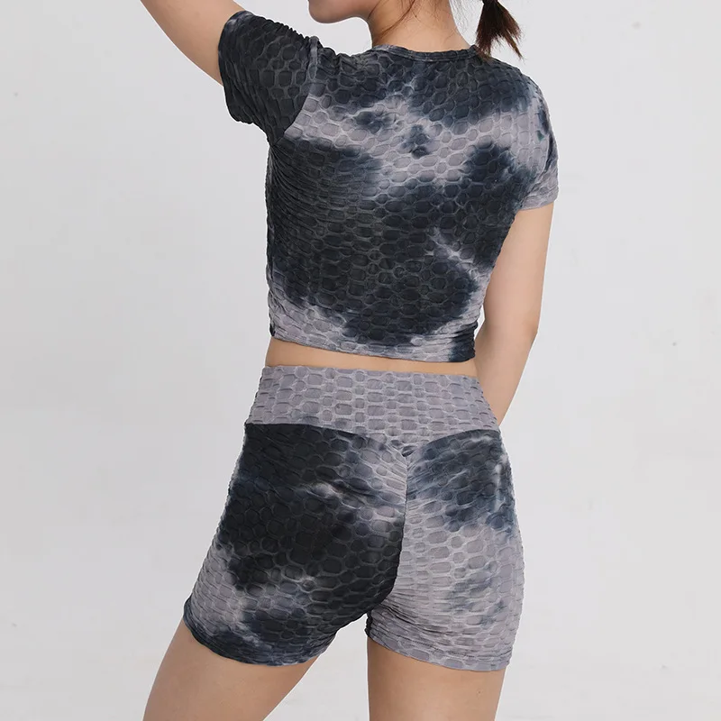 Women's Euro-American Yoga Set-Drawstring Short Sleeve&High-Waisted Bubble Jacquard Workout Shorts, Butt-Lifting Fitness 2-Pc