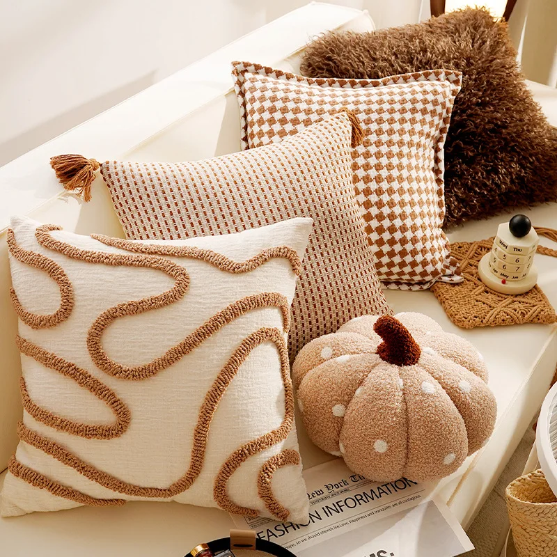 Brown Throw Pillow Cover 30X50/45X45CM Geometric Tassel Stamping Waist Cushion Cover Nordic Decor Home Decorative Pillowcase