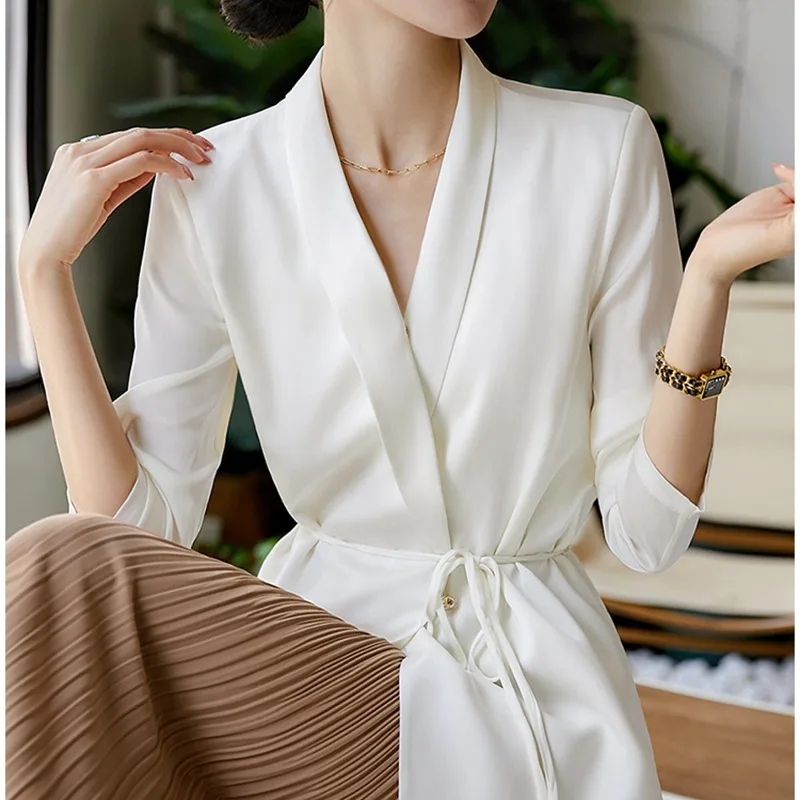 Women Solid Tailored Coat Lace Up Jacket Turn Down V Collar Long Sleeves Double Buttons Thin Loose Casual Elegant 2026 Autumn