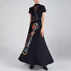 YUDX Miyake Pleated Fashion Suit Women Retro 2023 Summer New Printing Slim Slim Thin Stretchy Peplum Long Skirt Two-piece