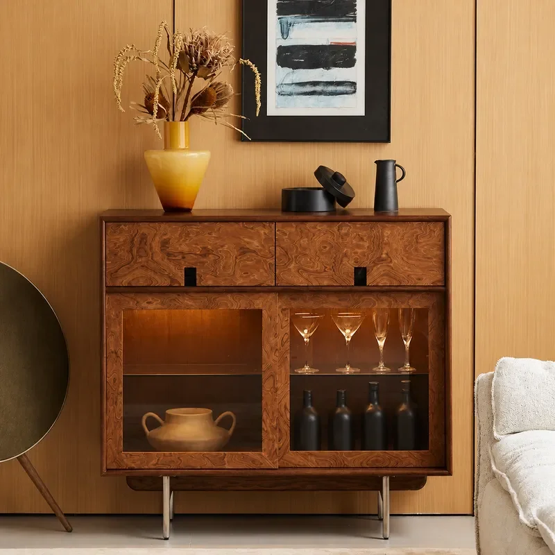 Retro Dining Side Cabinet Solid Wood Storage Locker for Living Room Wall Mounted Medieval Style Integrated Cupboard