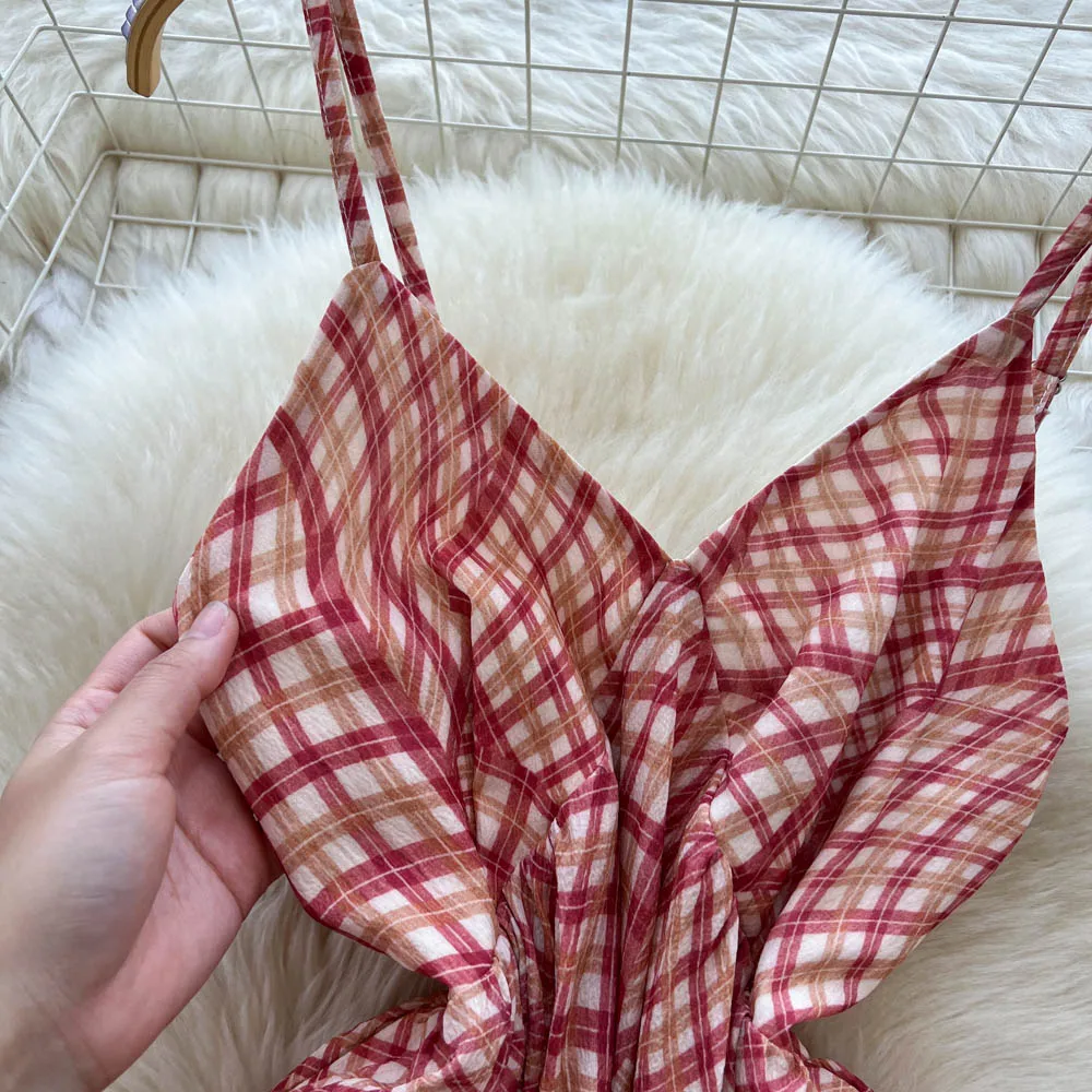 Chic vintage V-neck Plaid backless Ruched Elegant dress Fairy korean fashion Boho Sundress women clothing