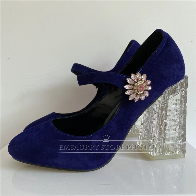 Multicolor Luxury Suede Banquet Shoes Woman Diamond Rhinestone Square Chunky Heel Buckle Belt Spring Women Pumps