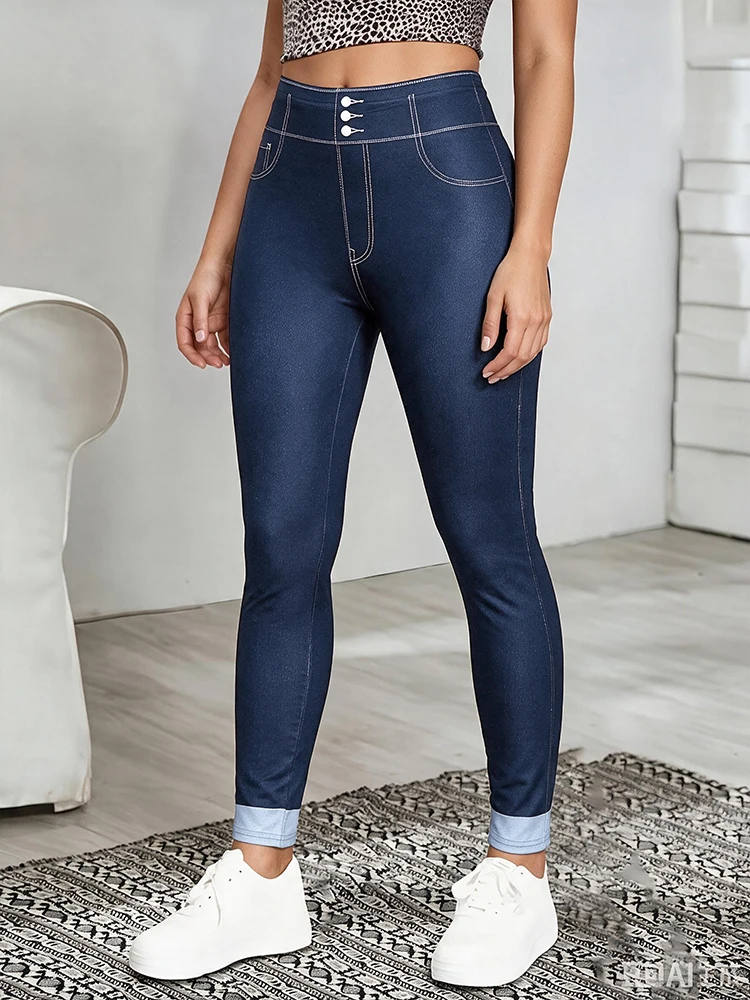 Women Printed Leggings Not Denim Fabric, Fake Pocket & Button Print Design Pants, High Elastic Fashion Slim Fit Skinny Casual