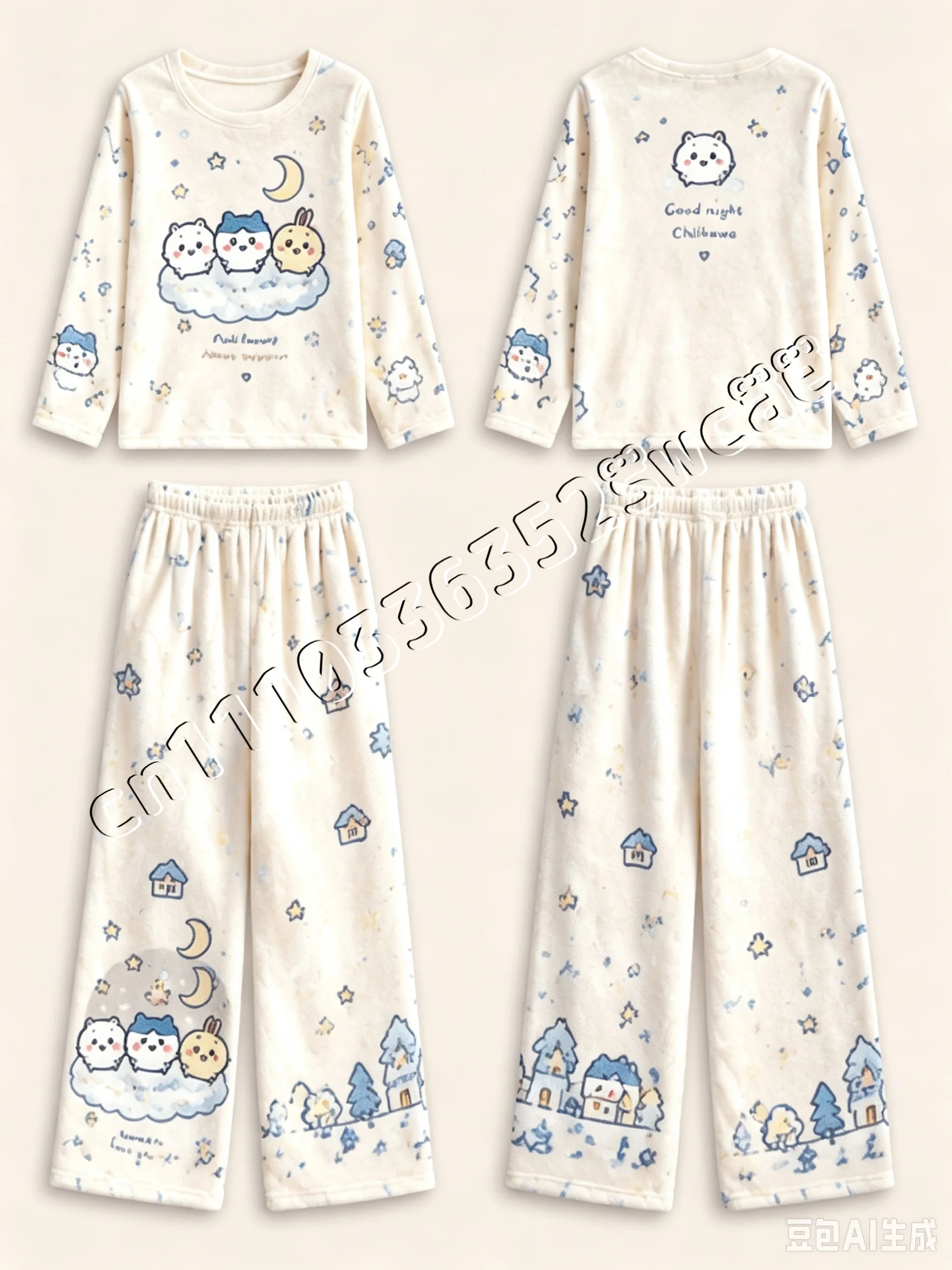 26/27 Chiikawa Flanell-Pyjama-Set, süßes Cartoon-Design, langärmeliges Oberteil und Hose, Herbst- und Winter-Loungewear, Freizeitkleidung für zu Hause, passend für die ganze Familie. – Detail 8