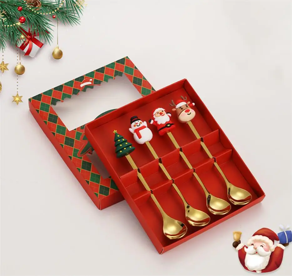 4PCS Christmas Gifts Glod Spoon Fork Set Elk Christmas Cutlery Set Tree Decoration Dessert Scoop Fruit Fork Coffee Spoon