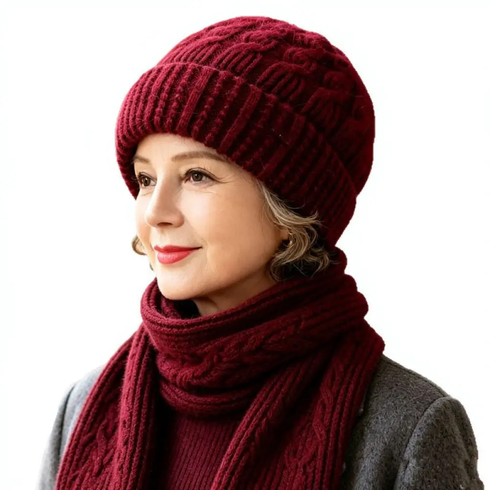 Winter Fashion Knitted Beanie Hat Scarf Set Womens Thickened Thermal Warm Woolen Cap Elegant Mother Accessory Soft Comfortable