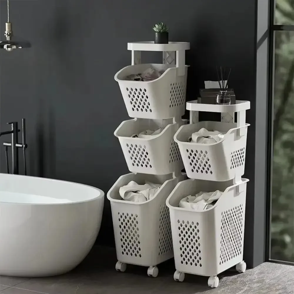 

Laundry Basket with Wheels Multi-Tier Dirty Clothes Hamper Laundry Trolley Bathroom Organizer Toilet Rolling Storage Rack