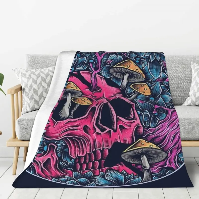 Cobertor de flanela de lã macia personalizada, colcha de cama, crânio psicodélico, cogumelo mágico arte, quente, sofá, viagem, primavera, outono