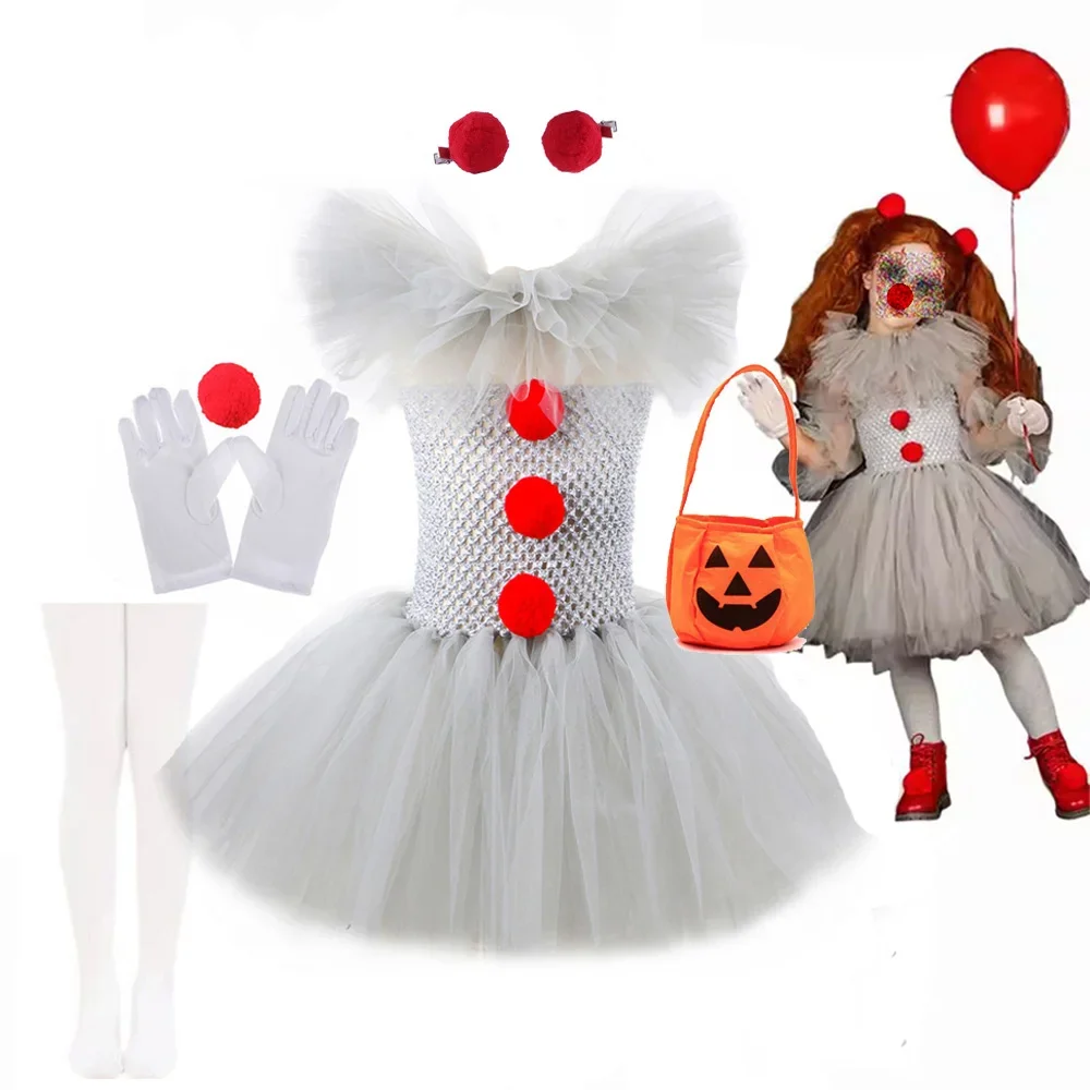 Halloween Girls Cosplay Gray Joker Costume Tutu Dress Creepy Clown Kids Carnival Party Clothes Children Tulle Fancy Party Dress
