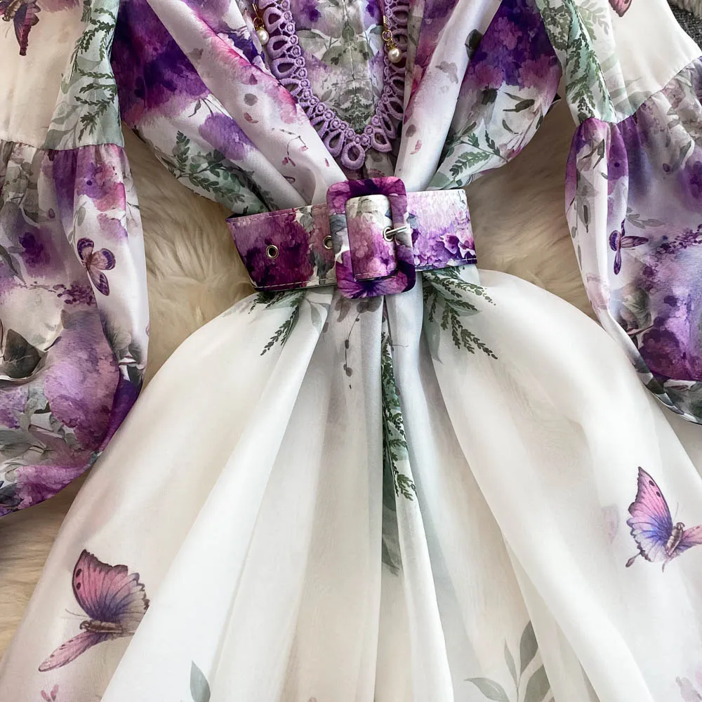 French Lantern Sleeve Temperament Dresswomen's Spring 2025 New High-end Printing Slim-fitting Long Dress for Women