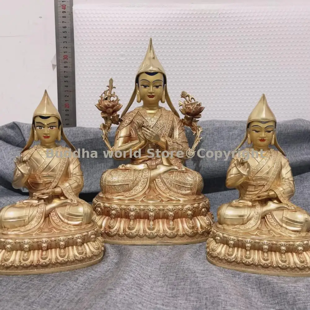 

A set Tibetan Buddhism Gelugpa ZONG KA BA tsongkhapa Master Three Buddha COPPER high grade altar worship Wholesale Buddha statue