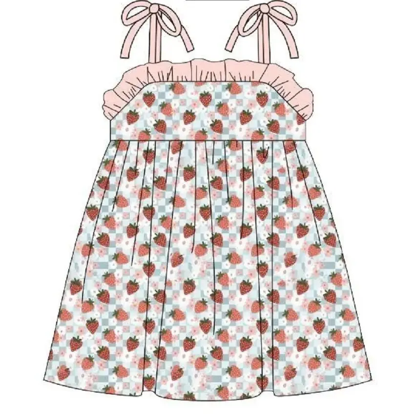 

Summer Girl Pink Cartoon Fruit Print Sleeveless Ruffle Decorated Square Neck Boutique Dress