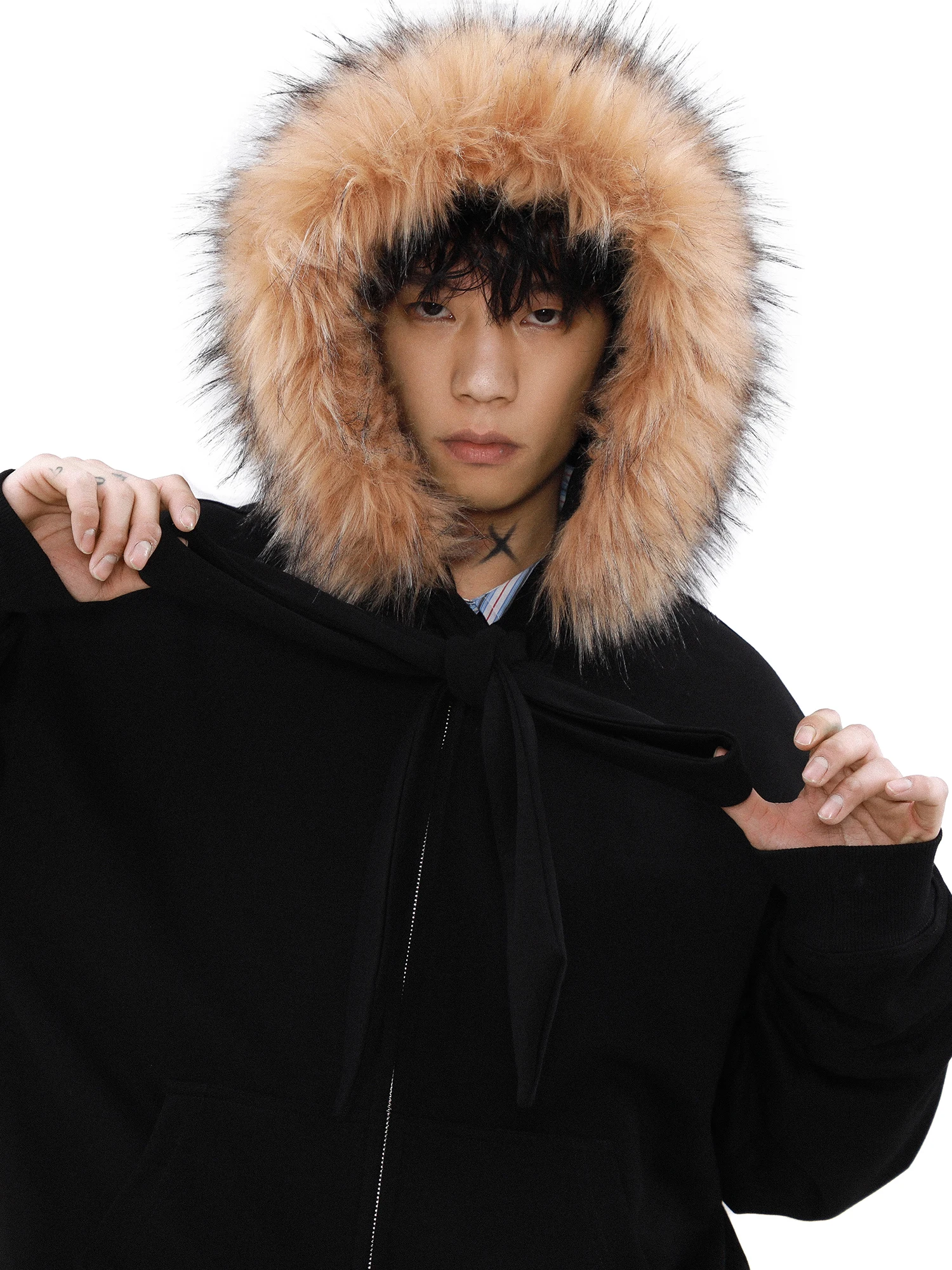 American Fashion Trendy Design Lace-Up Fur Collar Hooded Sweatshirt Stylish Winter Fleece Zipper Cardigan Jacket for Men