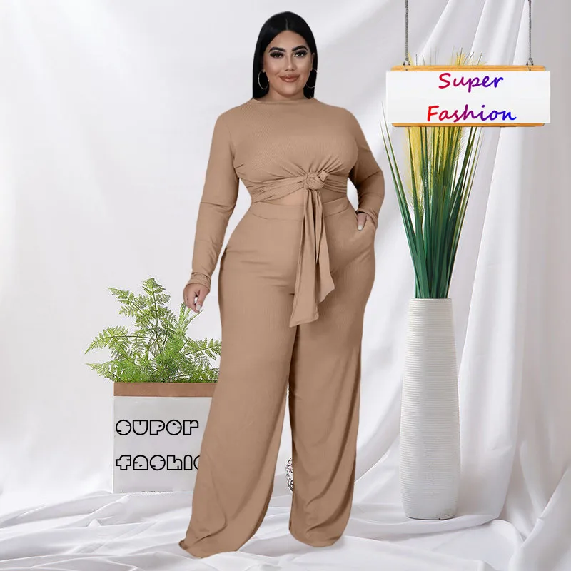 

L-5XL Fall Outfits Women Clothing 2022 Plus Size Two Piece Sets Long Sleeve Pit Fashion Elegant Wide Leg Pant Suits Dropshipping