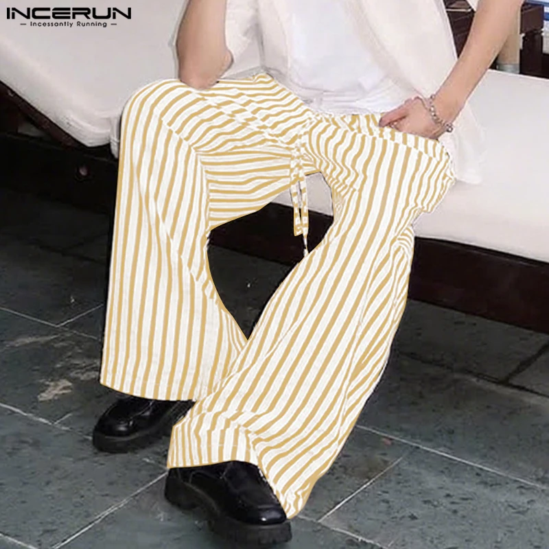 

INCERUN Men Striped Pants Joggers Drawstring Joggers Casual Straight Trousers Men Streetwear 2025 Loose Fashion Male Long Pants