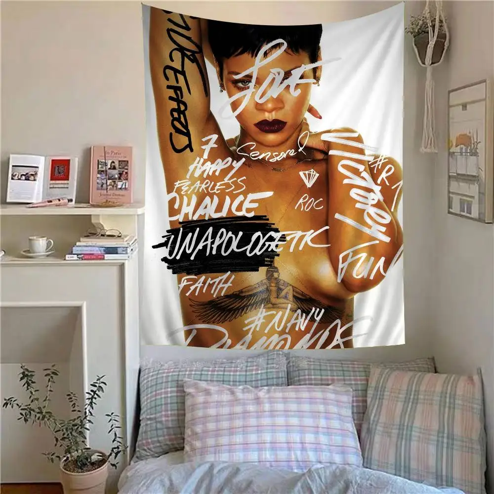 Hot Singer R-RIHANNA Anime Tapestry Hippie Flower Wall Carpets Dorm Decor Wall Hanging Home Decor