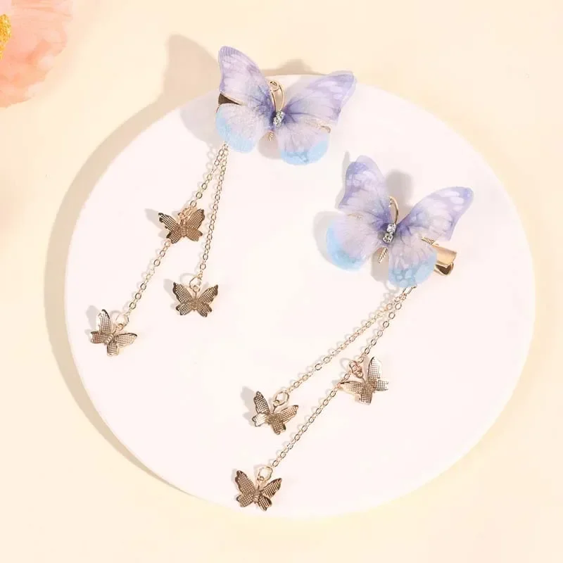 ncmama 2Pcs/set New Butterfly Hairpins for Women Girls Korean Yarn Elegant Metal Tassel Long Hair Clips Party Hair Accessories