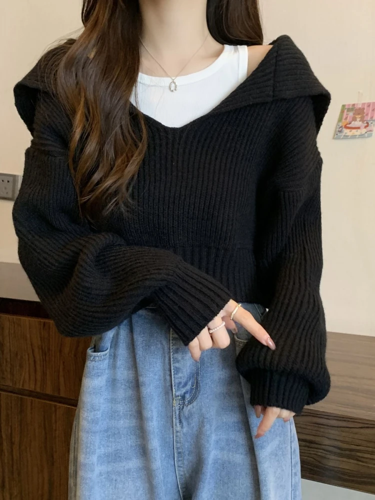 Deeptown Korean Style Autunm Winter Turn Down Collar Cropped  Sailor Collar Long Sleeves Loose Pullovers All-matched Knitwear