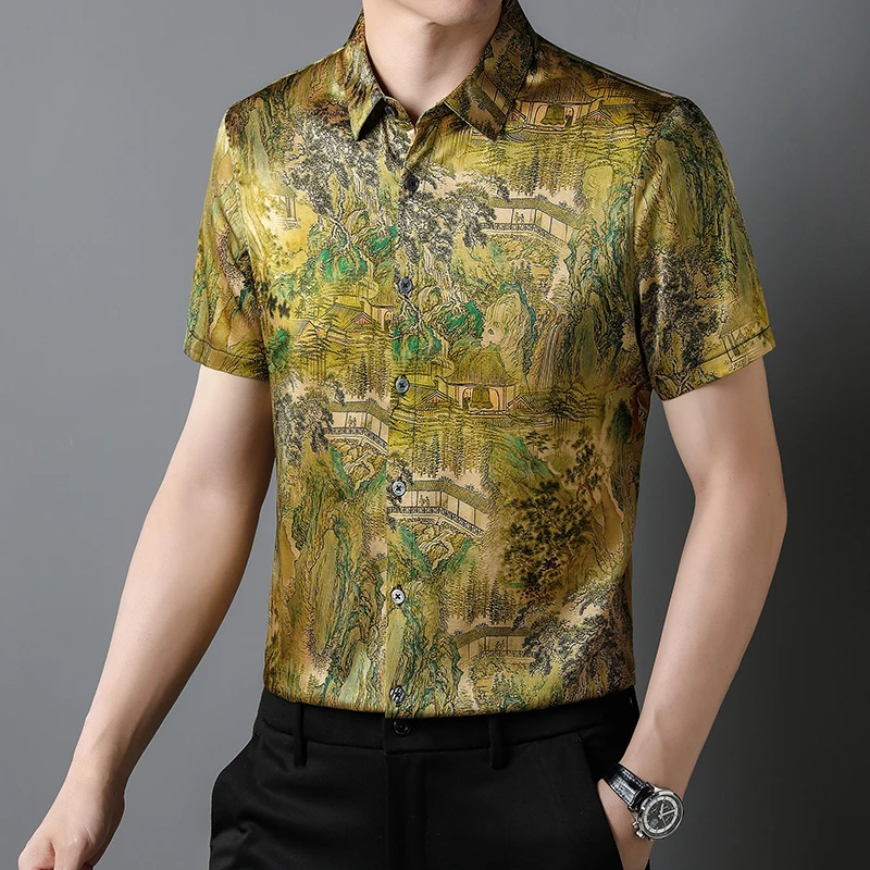 Vintage Casual Men Shirt Real Silk Short Sleeve Premium 3D Print Summer High Quality Soft Comfortable Designer Camisas De Hombre