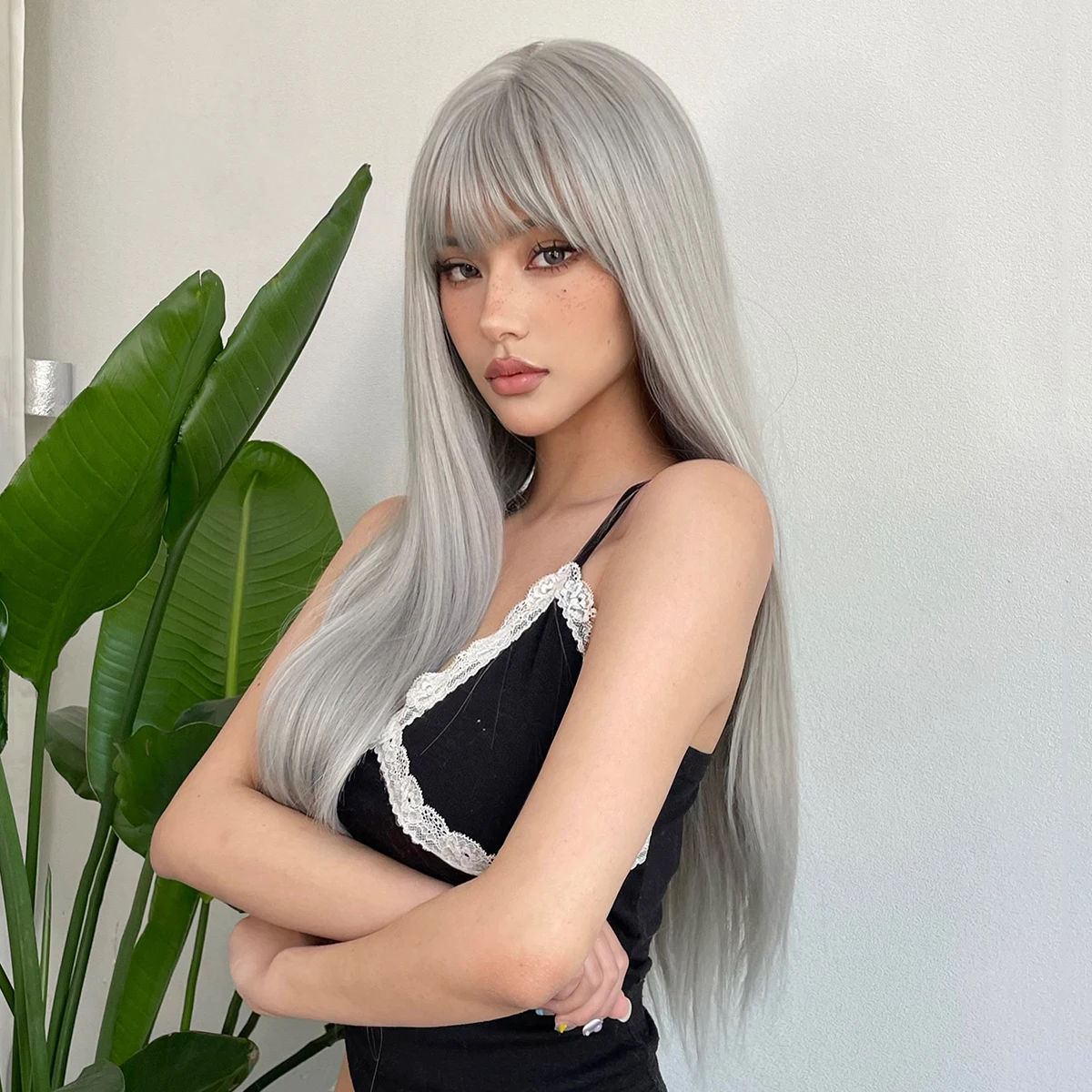 Silver Ash Gray Long Straight Synthetic Wigs Lolita Cosplay Natural Hair with Bangs for White Women Party Daily Heat Resistant