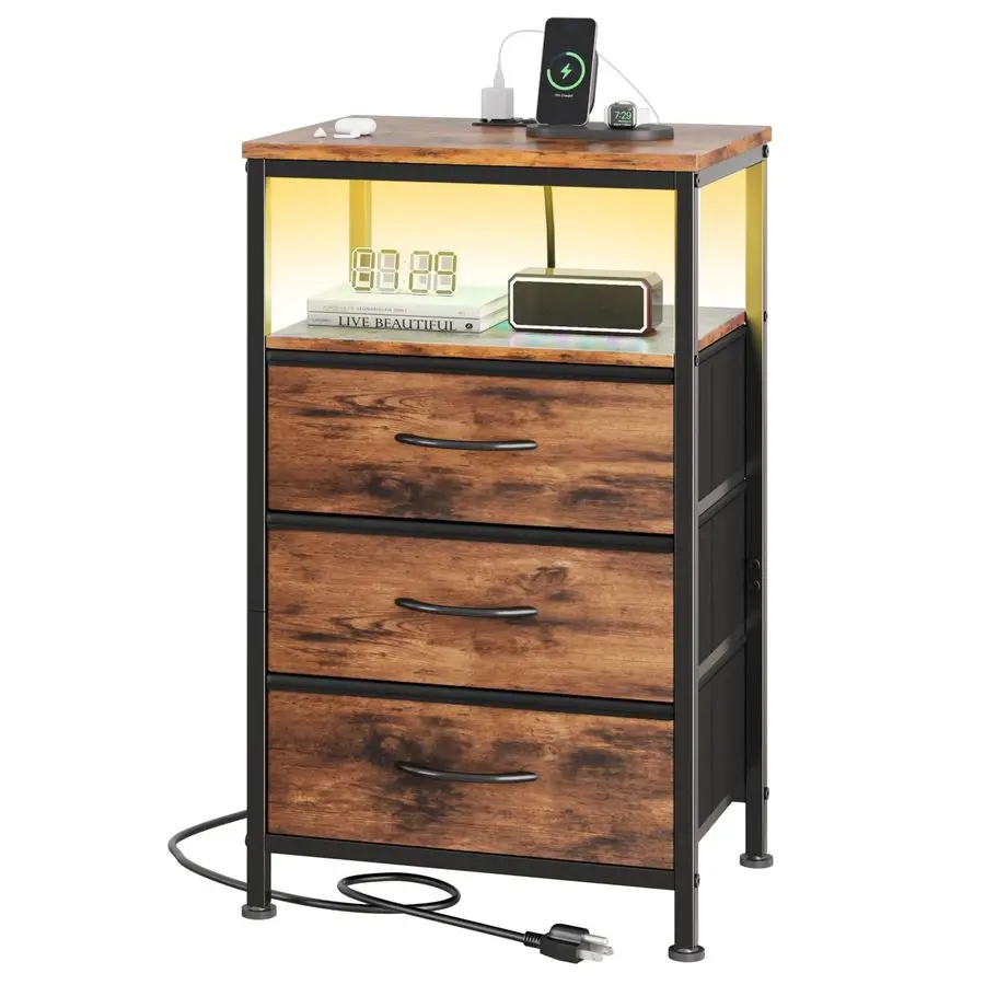 

Прикроватная тумбочка с зарядной станцией, тумбочка у кровати с 3 тканевыми ящиками, портами USB Type-C и розетками, прикроватная тумбочка для спальни