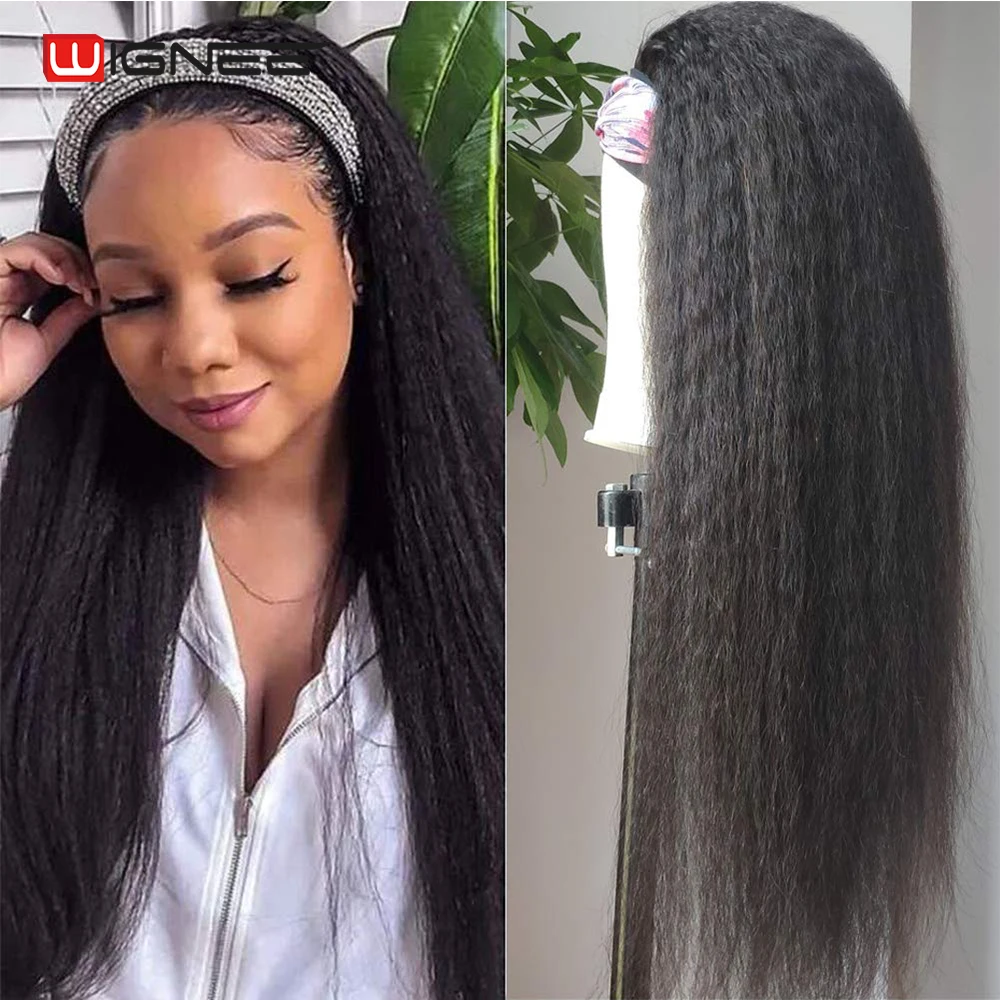 

Wignee Kinky Straight Headband Wigs Human Hair For Women Yaki Straight Human Hair Wigs Full Machine Curly Headband Wig Remy Hair